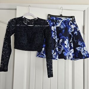 Black Lace Crop Top and Blue Floral Skirt Set